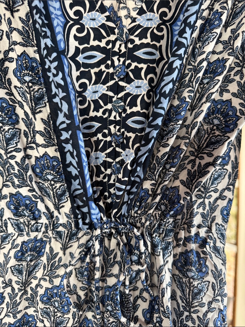 Blue and White Floral V-Neck Maxi Dress with Smocked Waist - Picture 3 of 4
